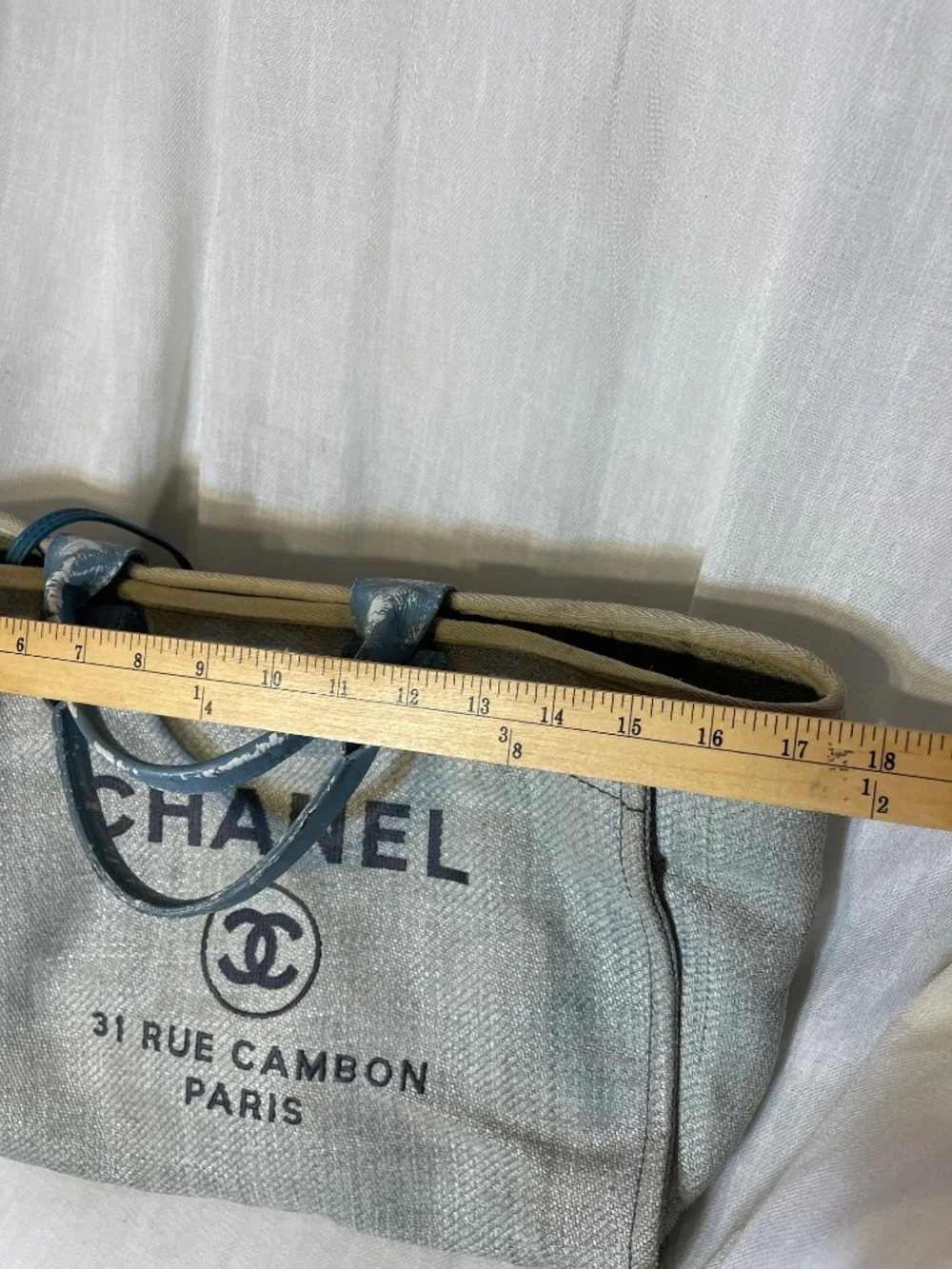 CHANEL Beige Canvas Tote with Blue Handles